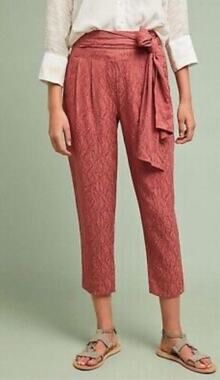 Anthropologie ETT:TWA Rose Jacquard AUBADE TIE-WAIST PANTS Tapered Cropped 12